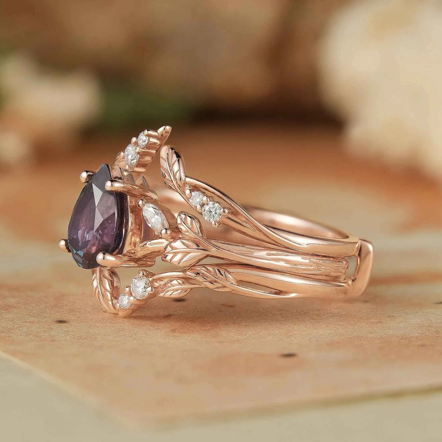 Pear Alexandrite Enhacner Leaf Ring Set 2pcs - Emma