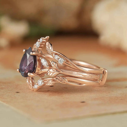 Pear Alexandrite Enhacner Leaf Ring Set 2pcs - Emma