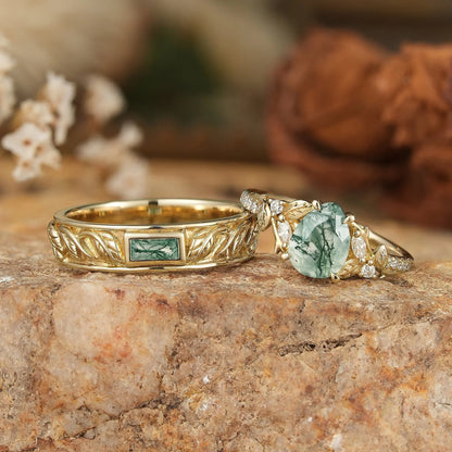 Pear Cut And Bezel Baguette Moss Agate Leaf Inspired Couple Rings