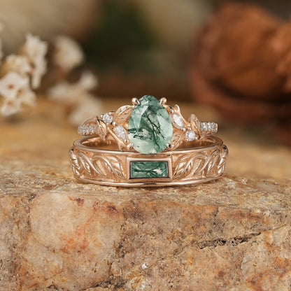 Pear Cut And Bezel Baguette Moss Agate Leaf Inspired Couple Rings
