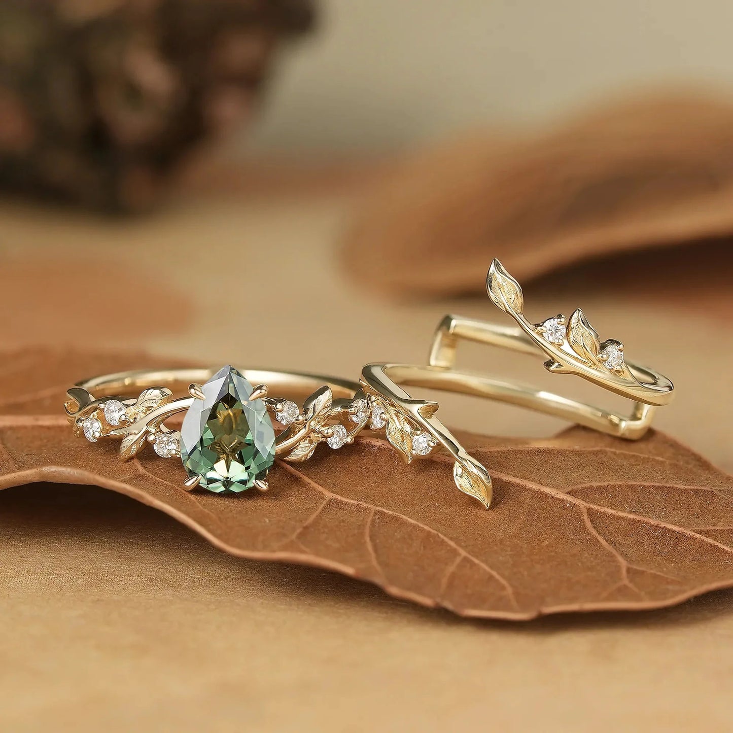 Pear Cut Green Sapphire Enhancer Ring Set - Niamh