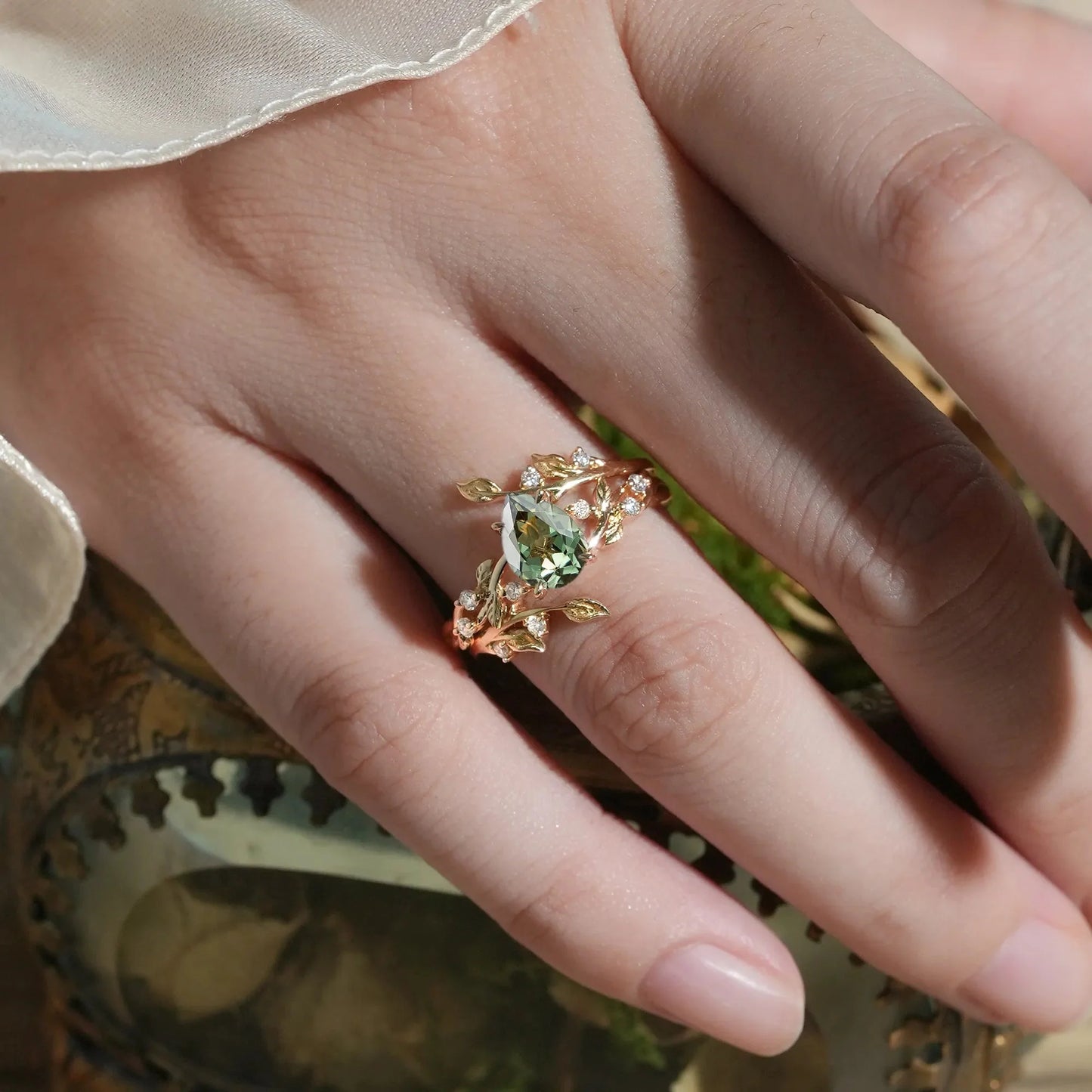 Pear Cut Green Sapphire Enhancer Ring Set - Niamh