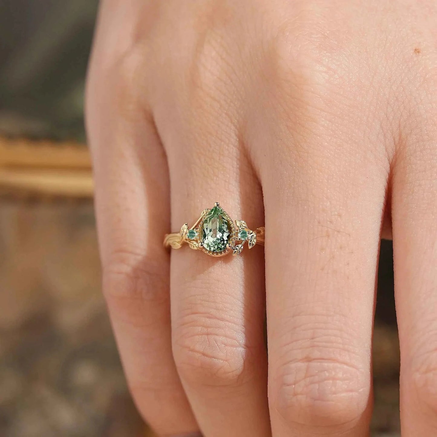 Pear Cut Green Sapphire Nature Inspired Milgrain Engagement Ring