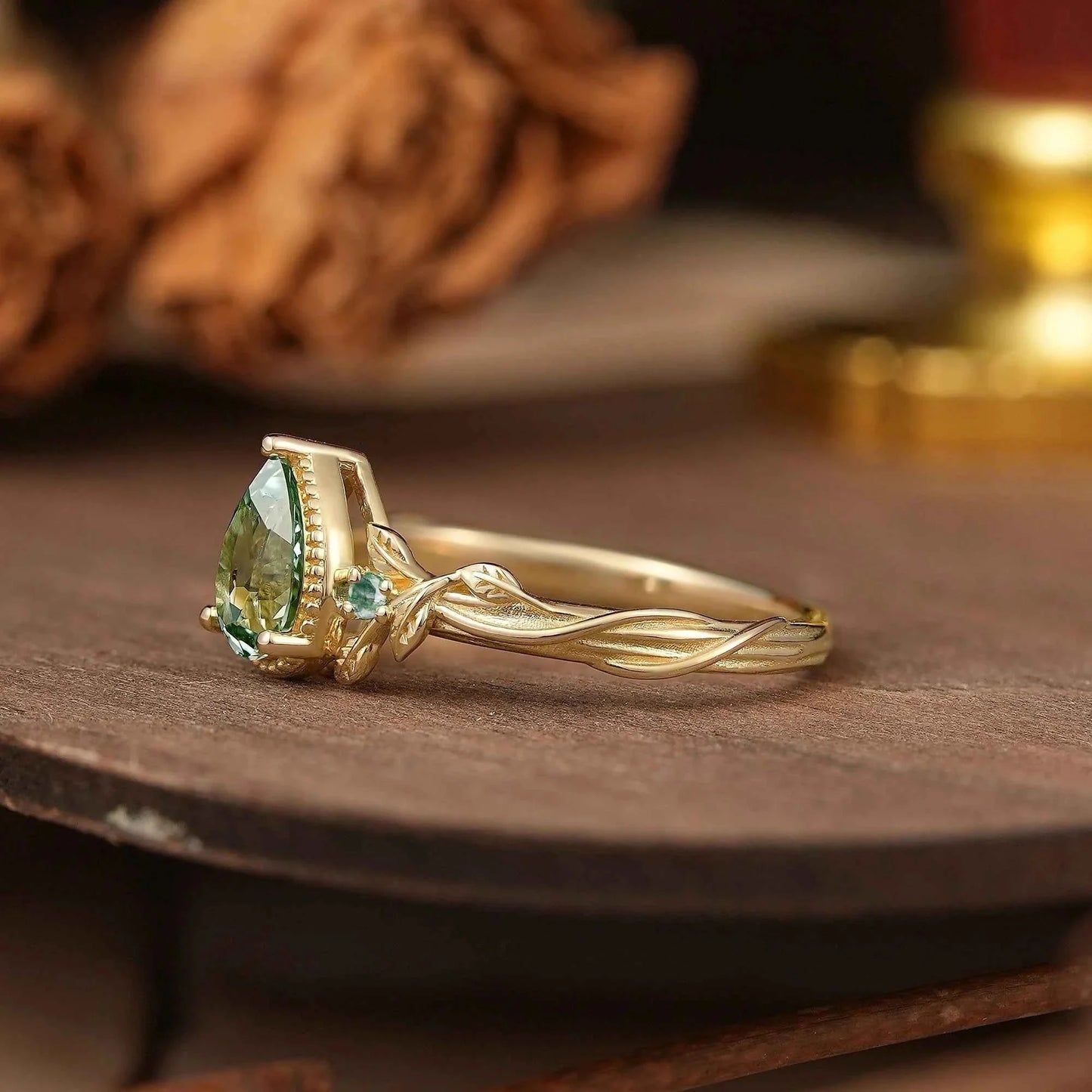 Pear Cut Green Sapphire Nature Inspired Milgrain Engagement Ring