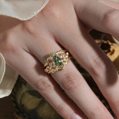 Pear Cut Green Sapphire Oak Leaf Inspired Enhancer Ring Set - Natalie
