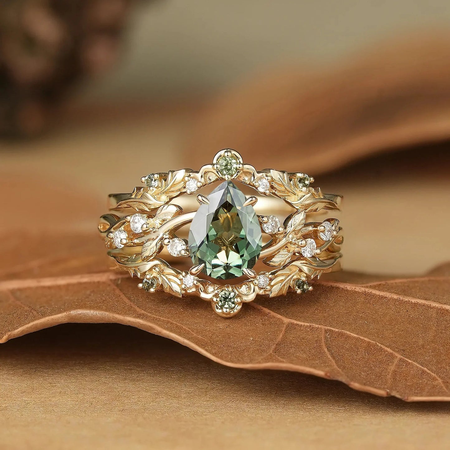 Pear Cut Green Sapphire Oak Leaf Inspired Enhancer Ring Set - Natalie