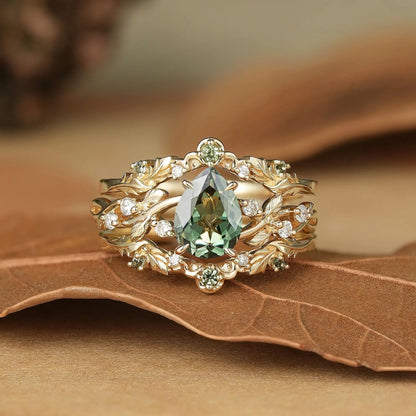 Pear Cut Green Sapphire Oak Leaf Inspired Enhancer Ring Set - Natalie