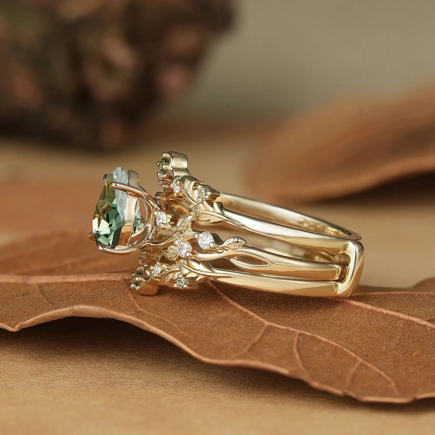 Pear Cut Green Sapphire Oak Leaf Inspired Enhancer Ring Set - Natalie
