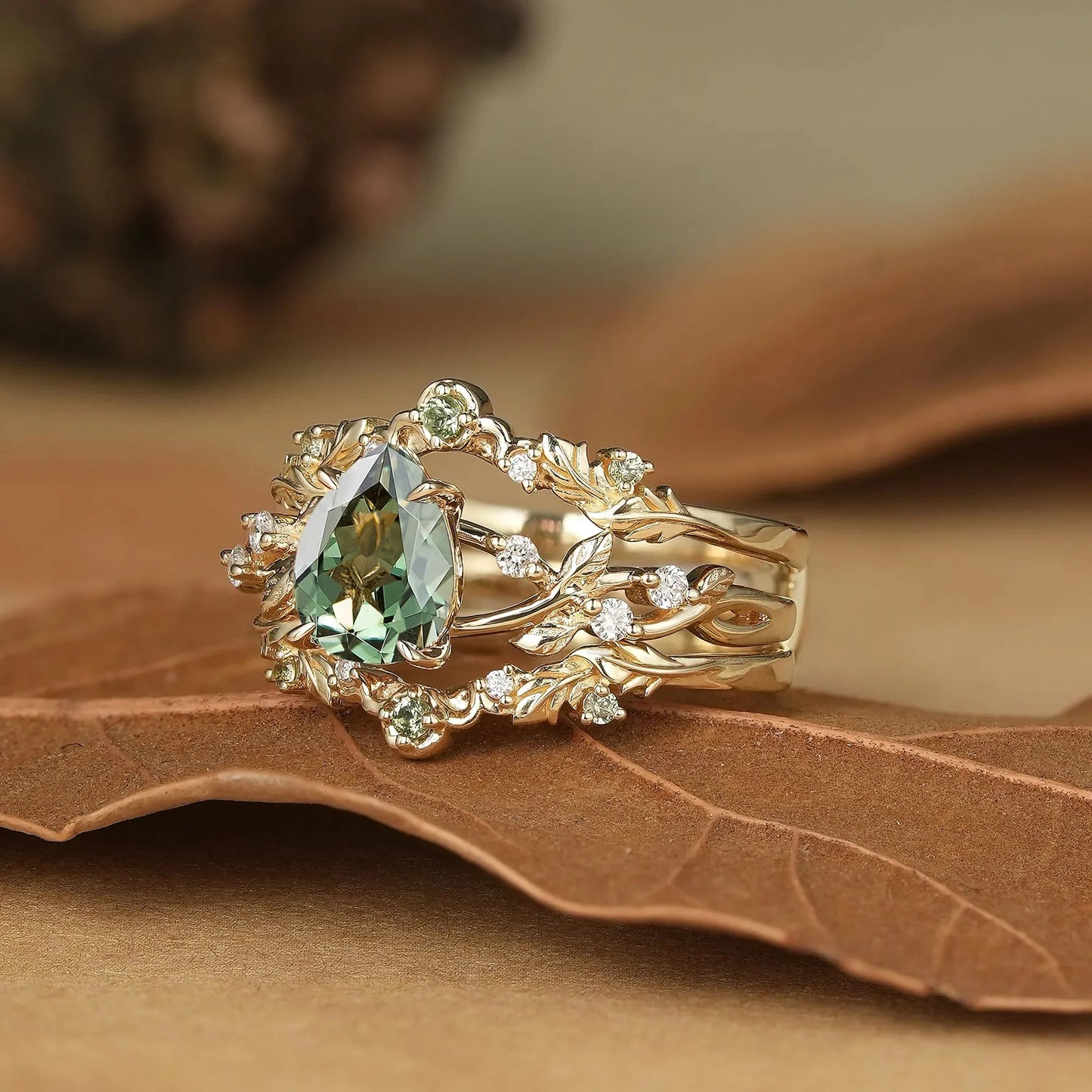 Pear Cut Green Sapphire Oak Leaf Inspired Enhancer Ring Set - Natalie