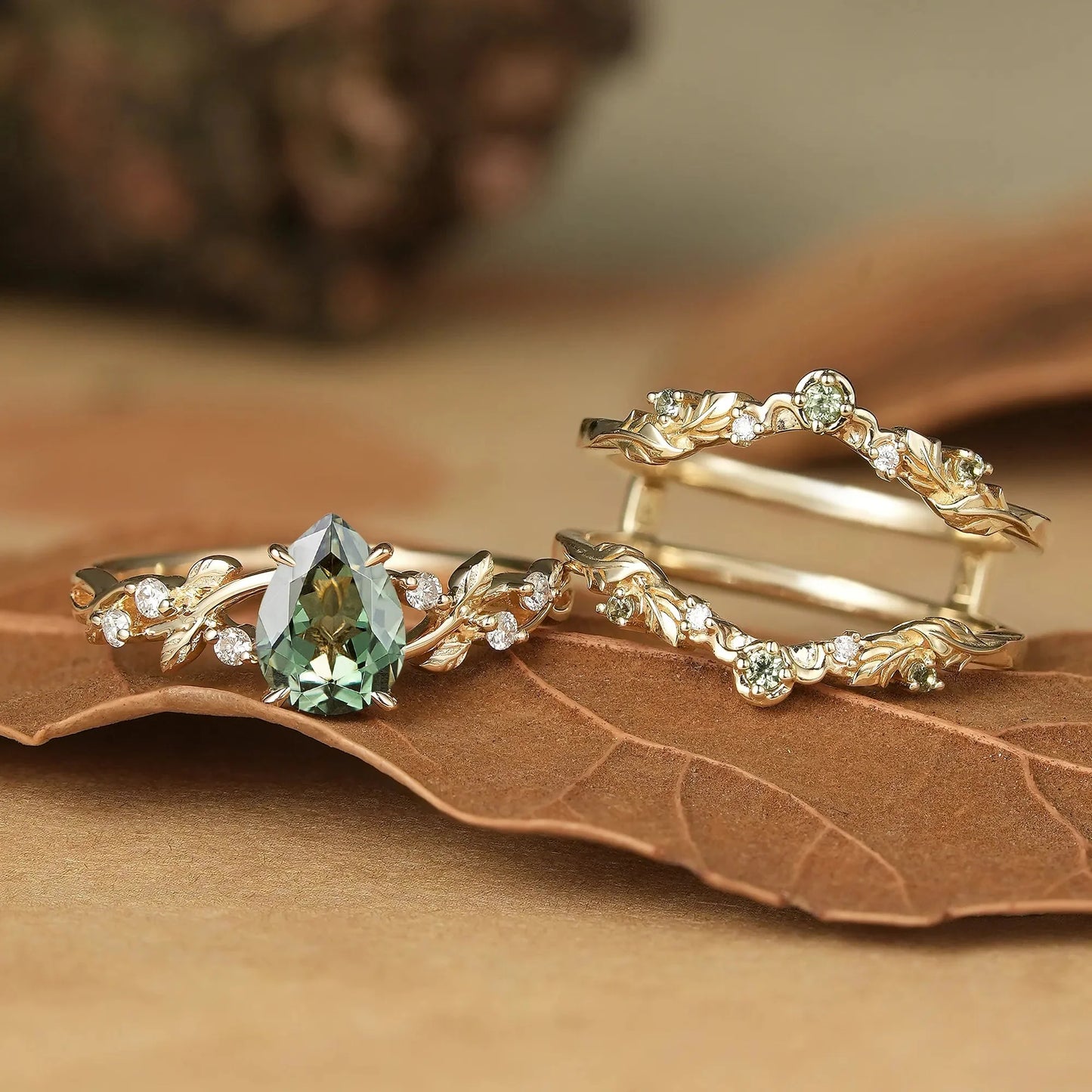Pear Cut Green Sapphire Oak Leaf Inspired Enhancer Ring Set - Natalie