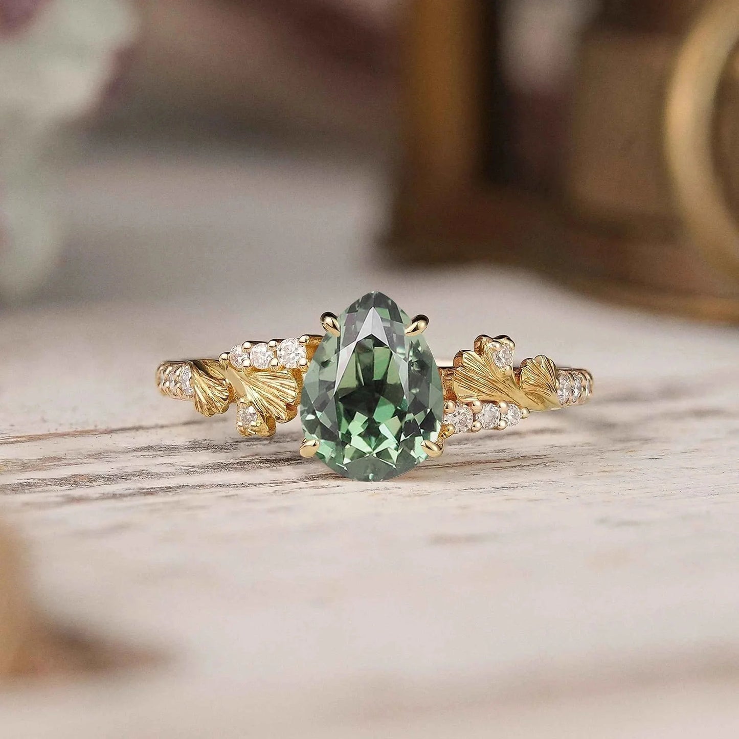 Pear Cut Moissanite Ginkgo Leaf Inspired Engagement Ring