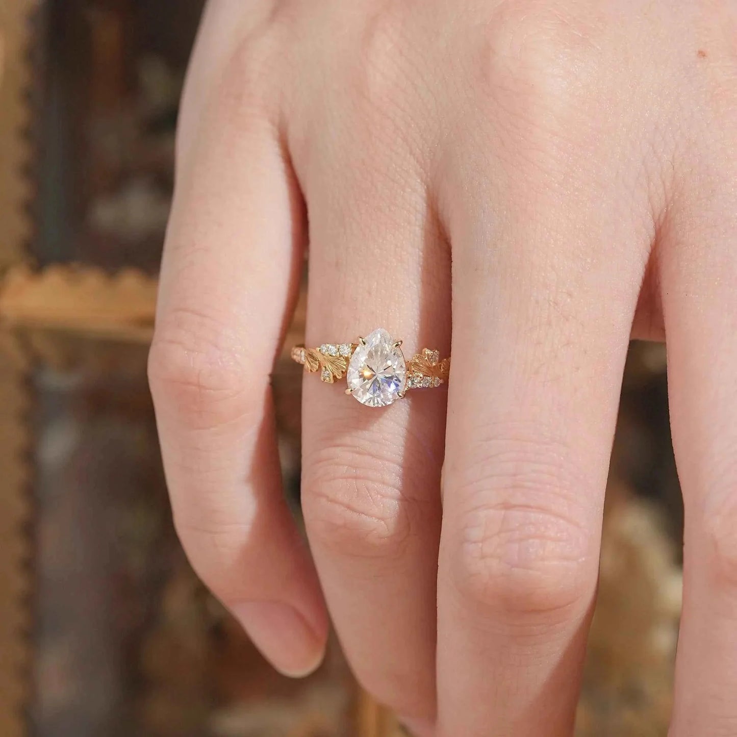 Pear Cut Moissanite Ginkgo Leaf Inspired Engagement Ring