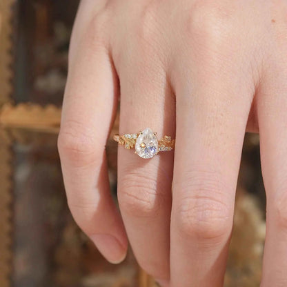 Pear Cut Moissanite Ginkgo Leaf Inspired Engagement Ring