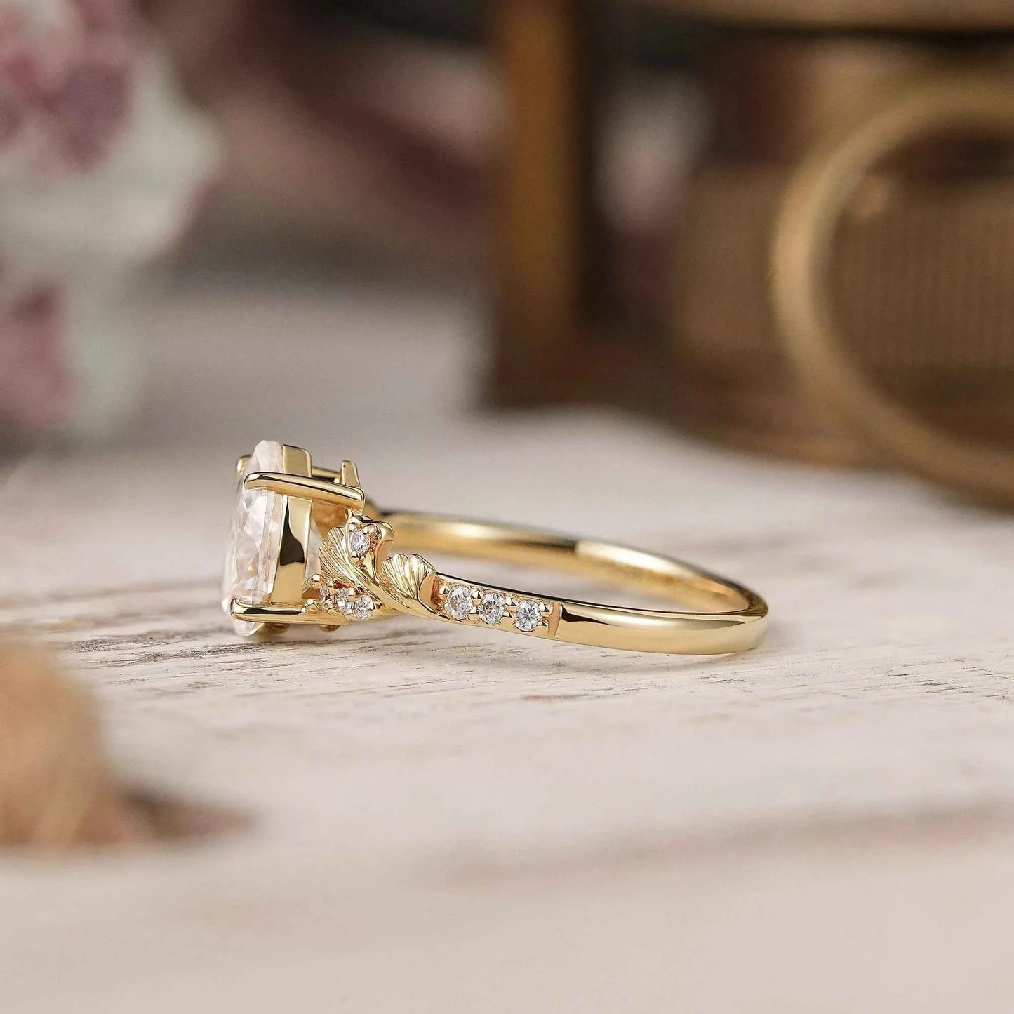 Pear Cut Moissanite Ginkgo Leaf Inspired Engagement Ring