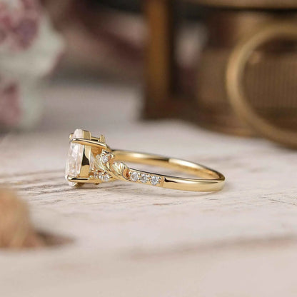 Pear Cut Moissanite Ginkgo Leaf Inspired Engagement Ring