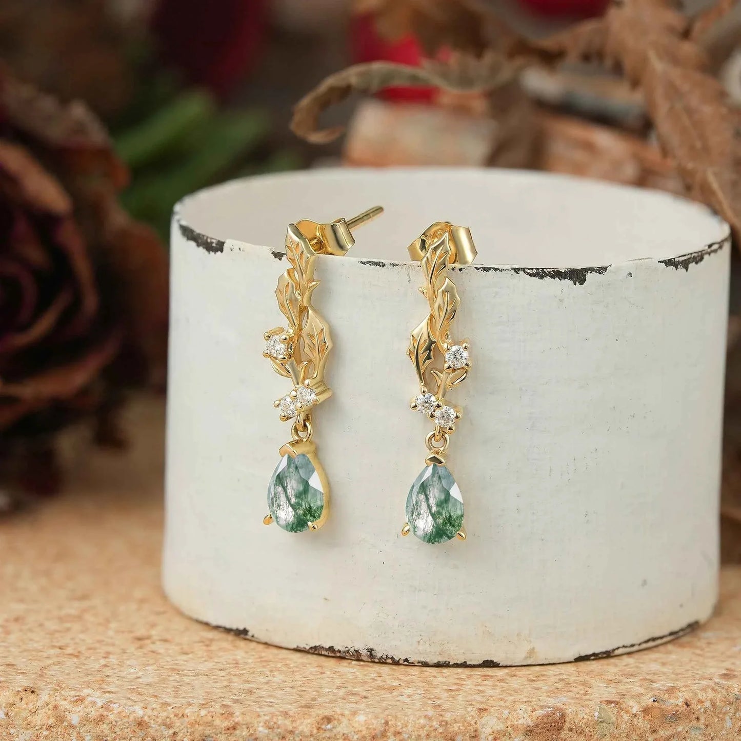 Pear Cut Moss Agate Leaf Inspired Mistletoe Earrings