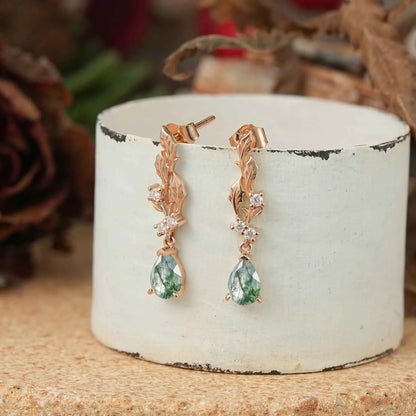 Pear Cut Moss Agate Leaf Inspired Mistletoe Earrings