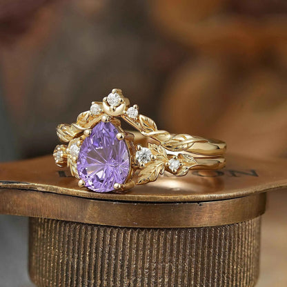Pear Cut Purple Sapphire Sparkle Cut Leaf And Moon Inspired Bridal Ring Set