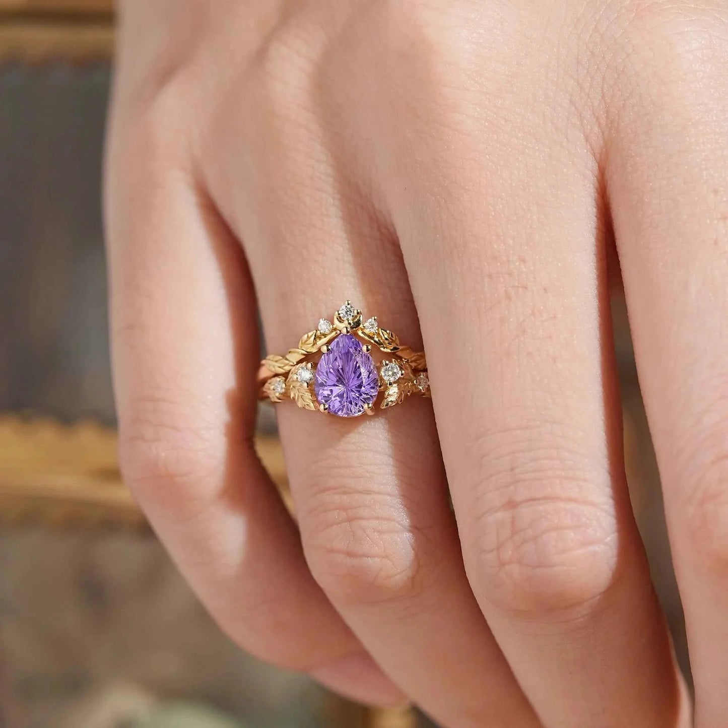 Pear Cut Purple Sapphire Sparkle Cut Leaf And Moon Inspired Bridal Ring Set