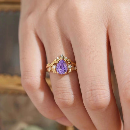 Pear Cut Purple Sapphire Sparkle Cut Leaf And Moon Inspired Bridal Ring Set
