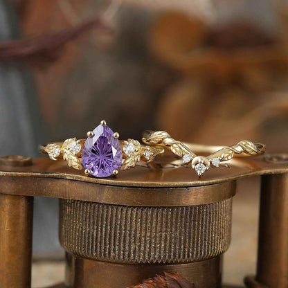 Pear Cut Purple Sapphire Sparkle Cut Leaf And Moon Inspired Bridal Ring Set