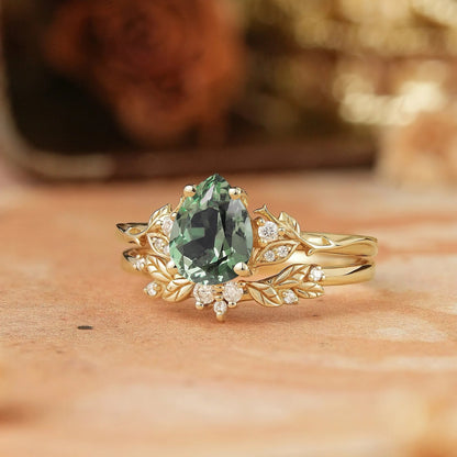 Pear Green Sapphire Leaf Inspired Bridal Ring Set - GemsMagic