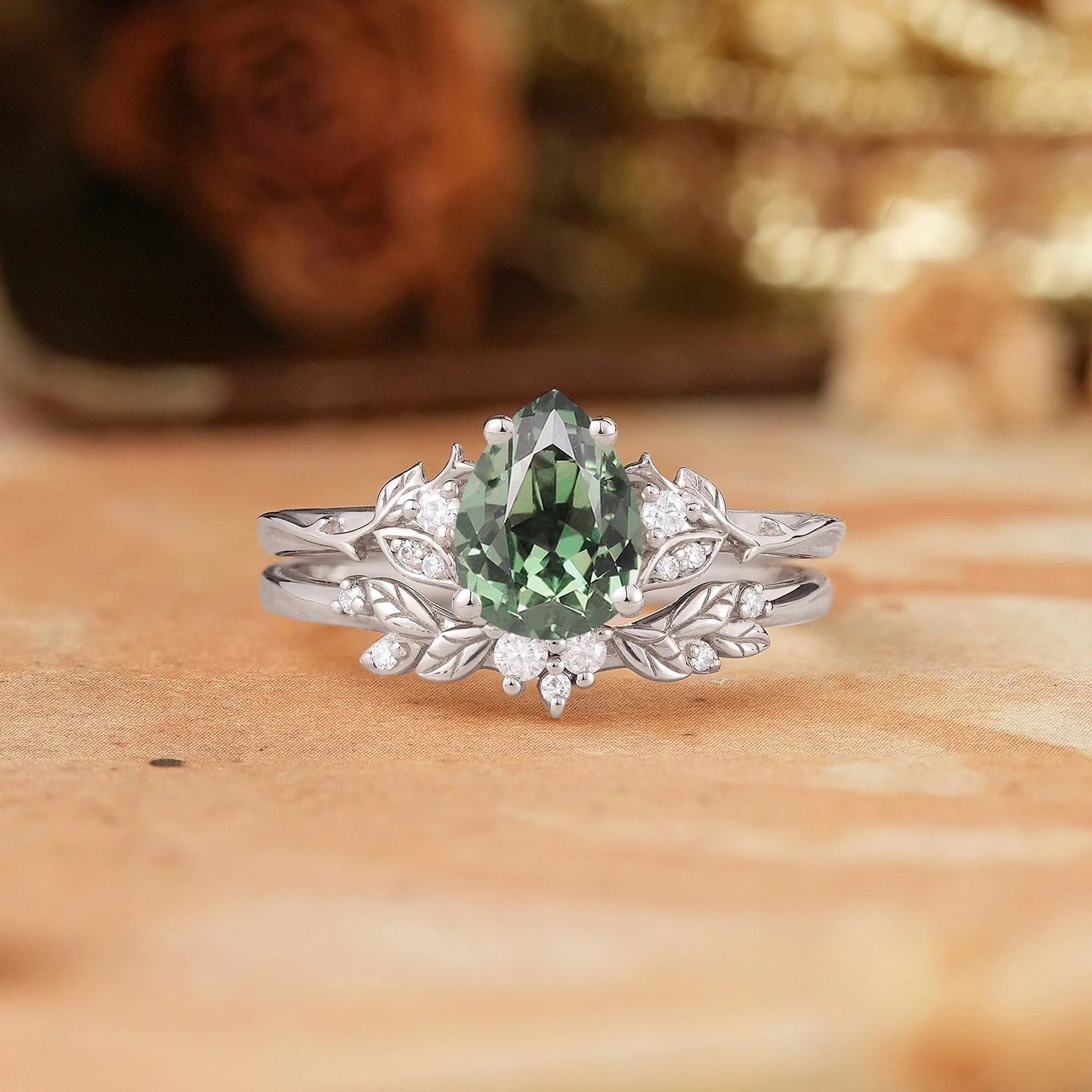 Pear Green Sapphire Leaf Inspired Bridal Ring Set - GemsMagic