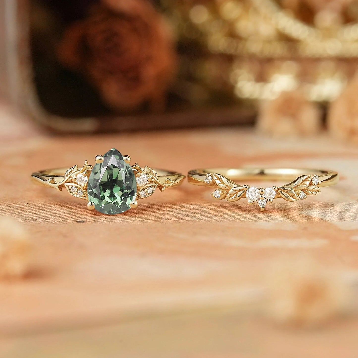Pear Green Sapphire Leaf Inspired Bridal Ring Set - GemsMagic