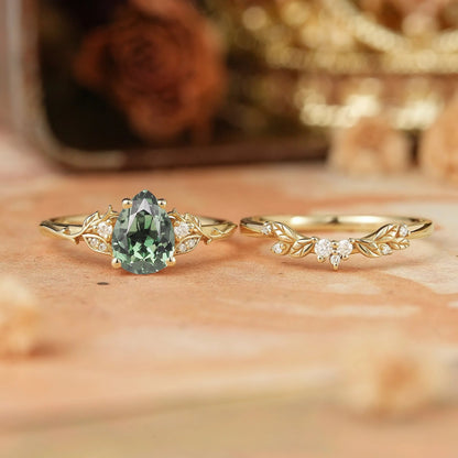 Pear Green Sapphire Leaf Inspired Bridal Ring Set - GemsMagic