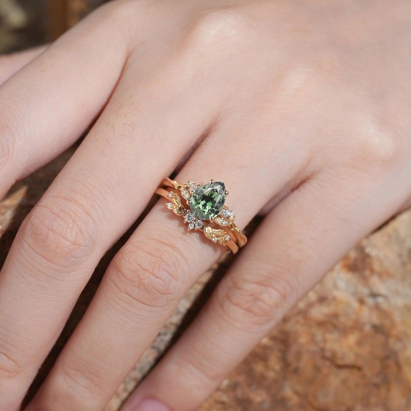 Pear Green Sapphire Leaf Inspired Bridal Ring Set - GemsMagic