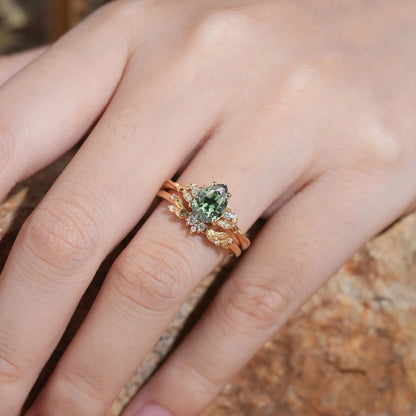 Pear Green Sapphire Leaf Inspired Bridal Ring Set - GemsMagic