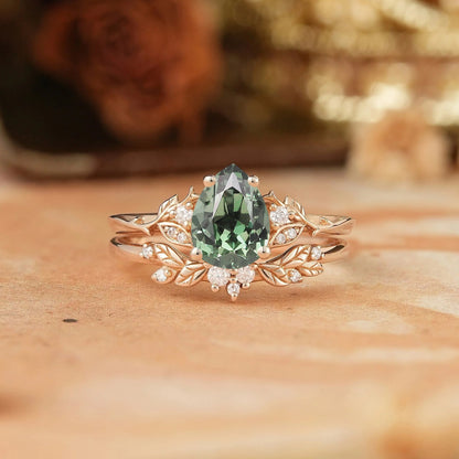 Pear Green Sapphire Leaf Inspired Bridal Ring Set - GemsMagic