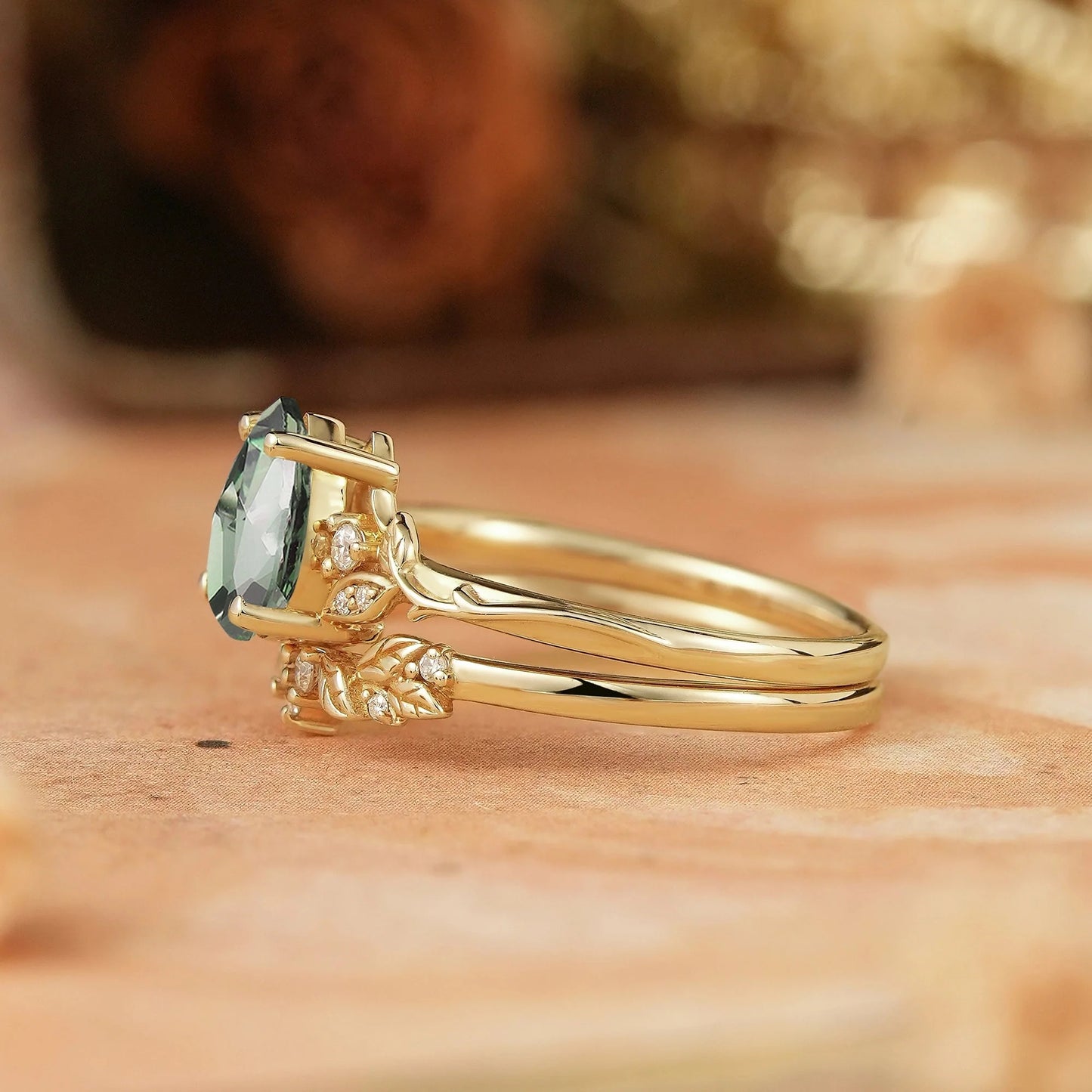 Pear Green Sapphire Leaf Inspired Bridal Ring Set - GemsMagic