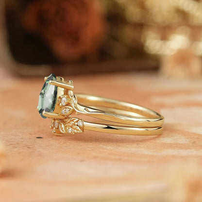 Pear Green Sapphire Leaf Inspired Bridal Ring Set - GemsMagic
