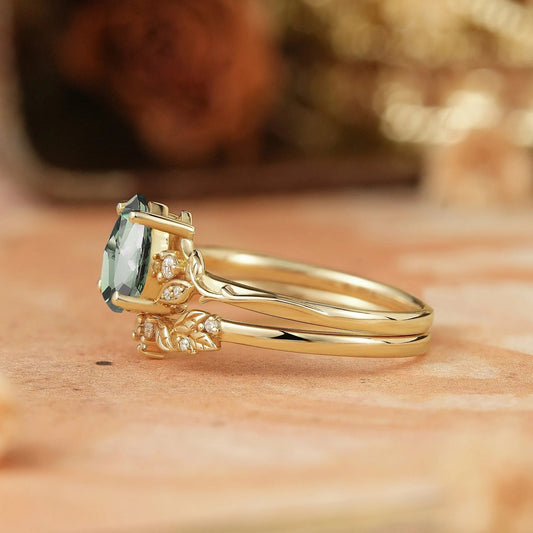 Pear Green Sapphire Leaf Inspired Bridal Ring Set - GemsMagic