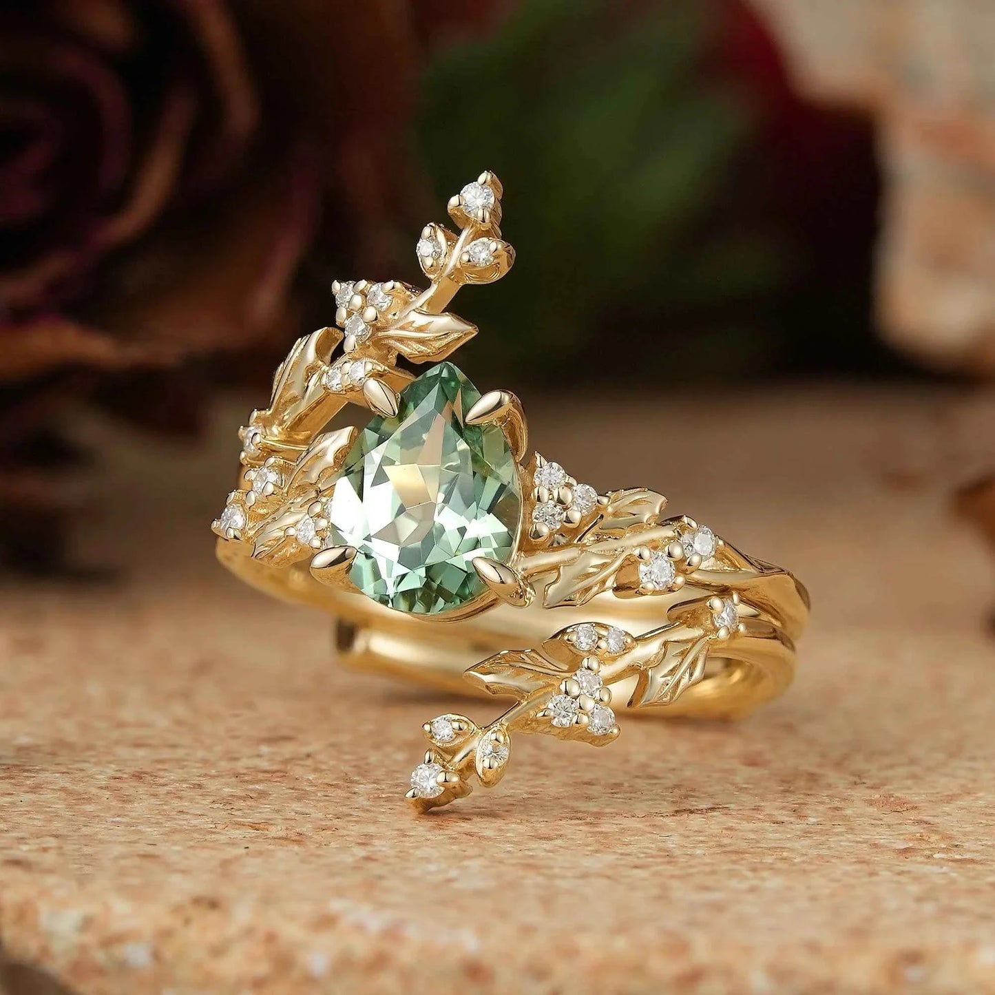 Pear Green Sapphire Nature Inspired Bridal Enhancer Ring Set Mistletoe Ring Set 2pcs