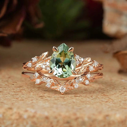 Pear Green Sapphire Nature Inspired Bridal Ring Set Mistletoe Ring Set