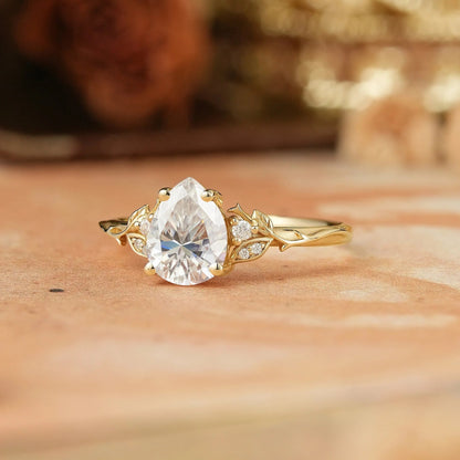 Pear Moissanite Leaf And Vine Inspired Engagament Ring | GemsMagic