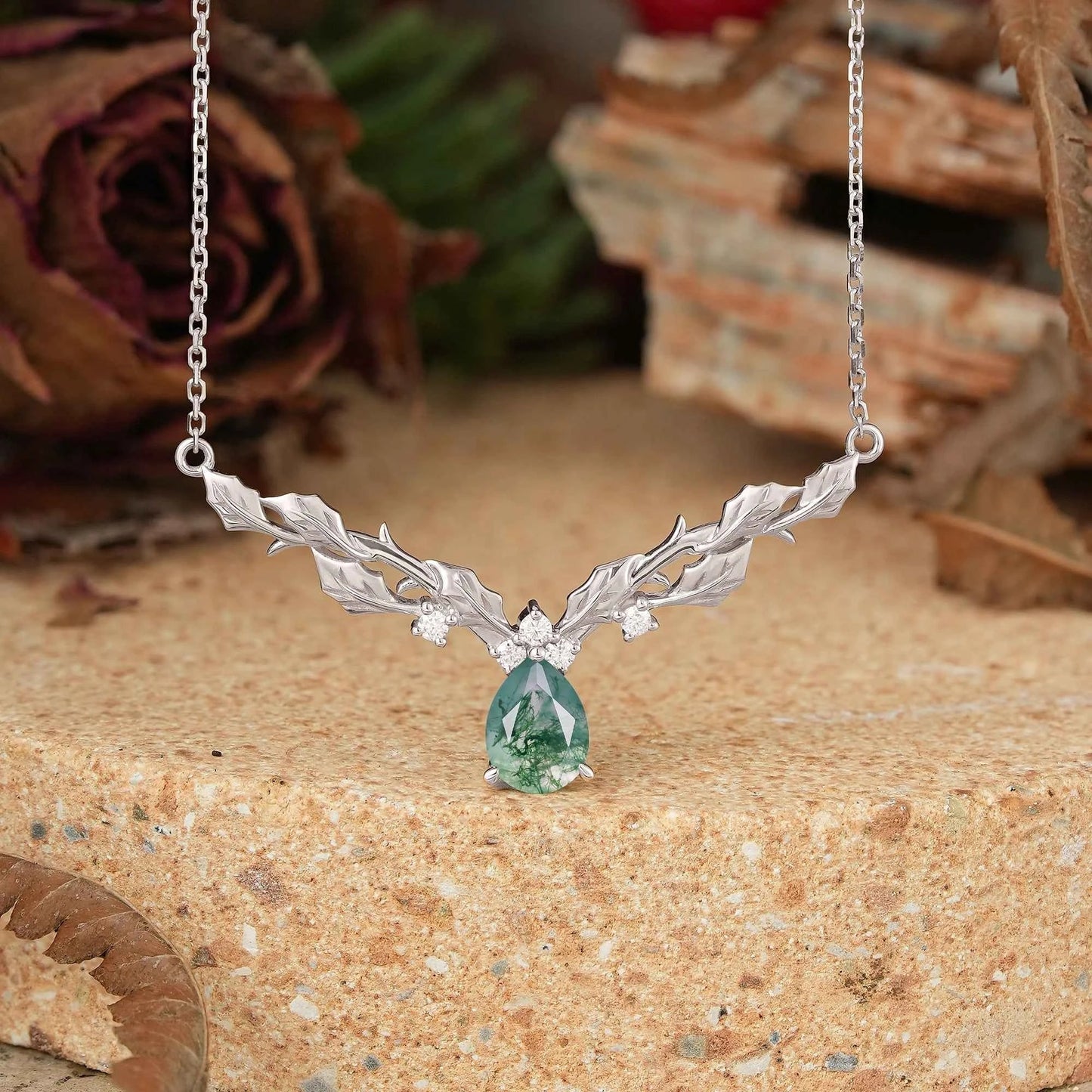 Pear Moss Agate Leaf Inspired Mistletoe Necklace Gift For Her