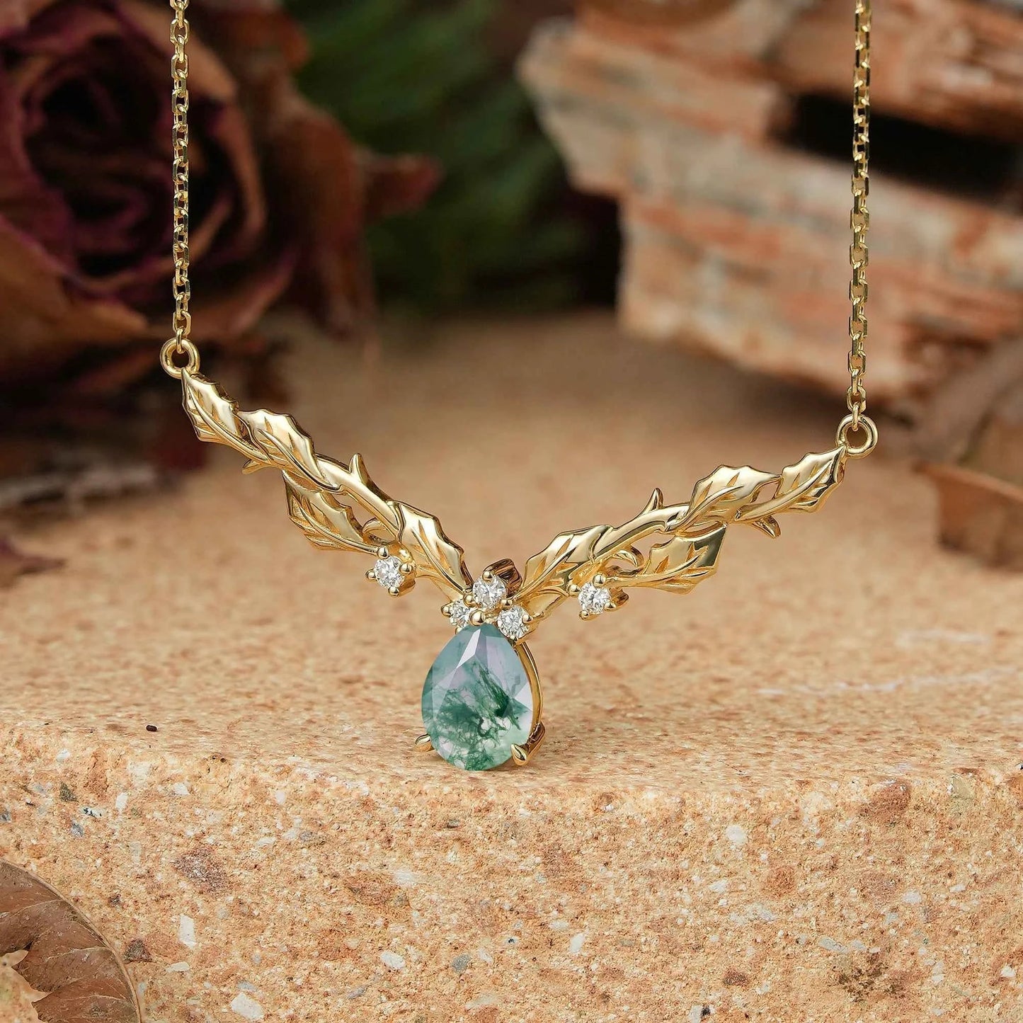 Pear Moss Agate Leaf Inspired Mistletoe Necklace Gift For Her