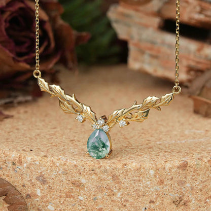 Pear Moss Agate Leaf Inspired Mistletoe Necklace Gift For Her