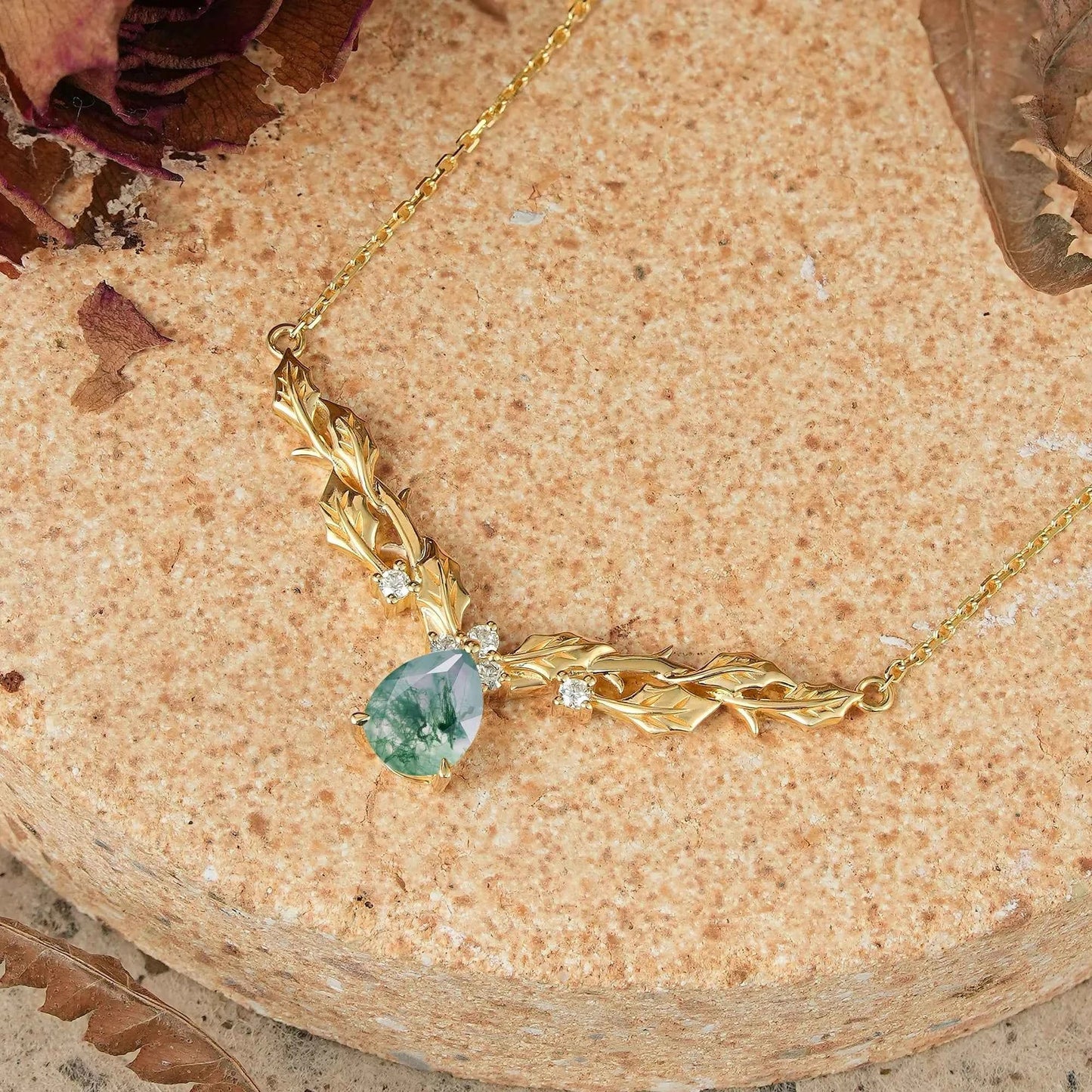Pear Moss Agate Leaf Inspired Mistletoe Necklace Gift For Her