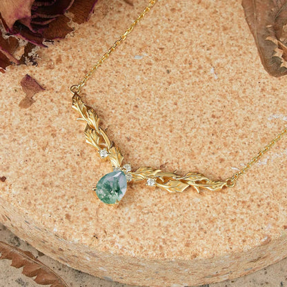 Pear Moss Agate Leaf Inspired Mistletoe Necklace Gift For Her