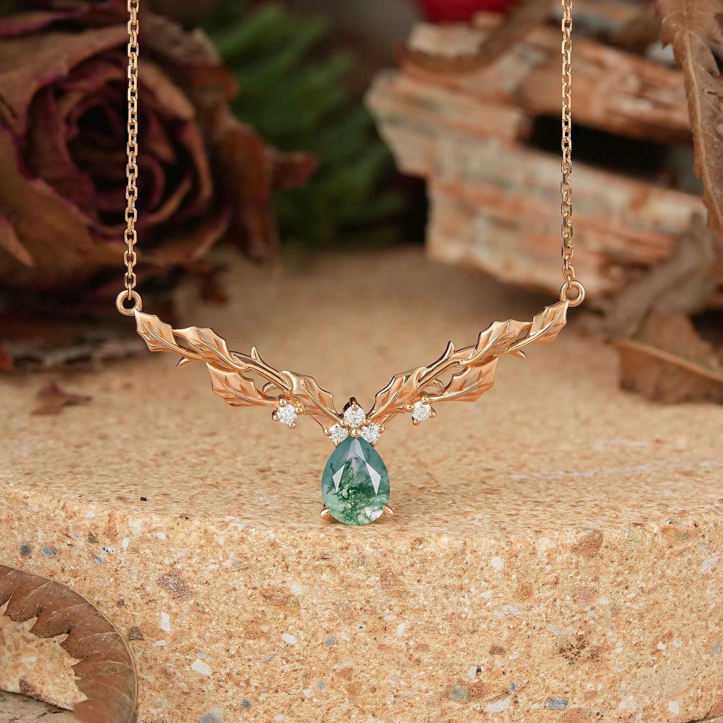 Pear Moss Agate Leaf Inspired Mistletoe Necklace Gift For Her
