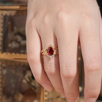 Pear Ruby Rose Gold Ring Leaf And Flower Inspired Bridal Set - GemsMgic