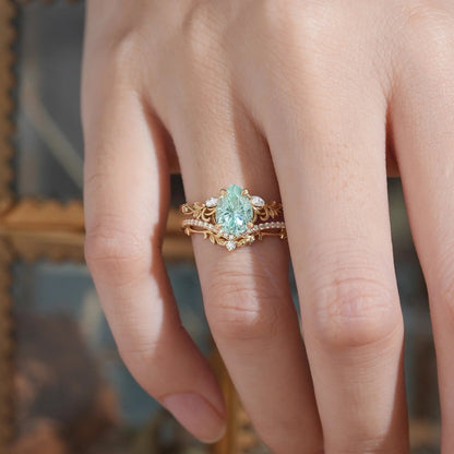 Pear Shaped Green Sapphire Sparkle Cut Nature Inspired Olive Leaf Bridal Set - GemsMagic