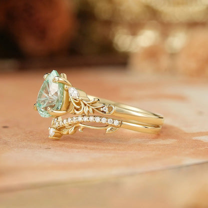 Pear Shaped Green Sapphire Sparkle Cut Nature Inspired Olive Leaf Bridal Set - GemsMagic