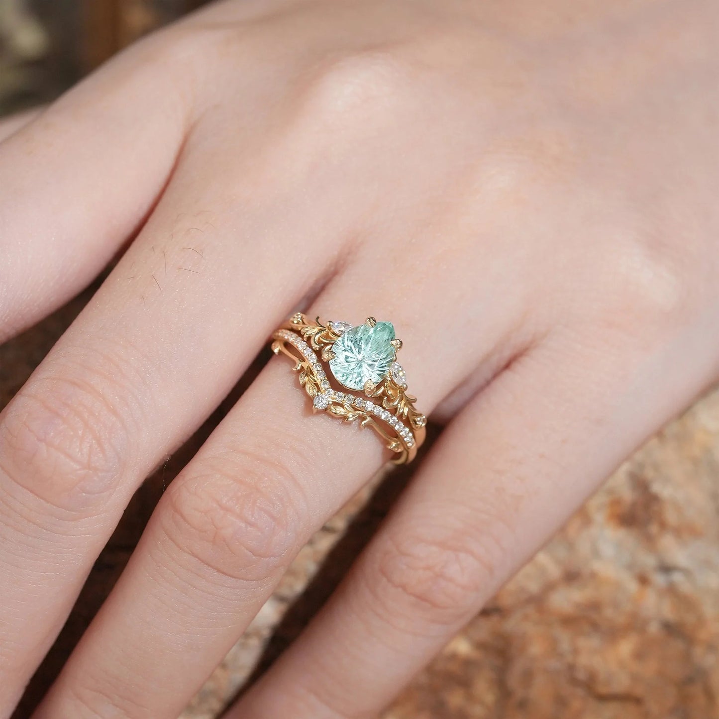 Pear Shaped Green Sapphire Sparkle Cut Nature Inspired Olive Leaf Bridal Set - GemsMagic