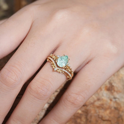 Pear Shaped Green Sapphire Sparkle Cut Nature Inspired Olive Leaf Bridal Set - GemsMagic