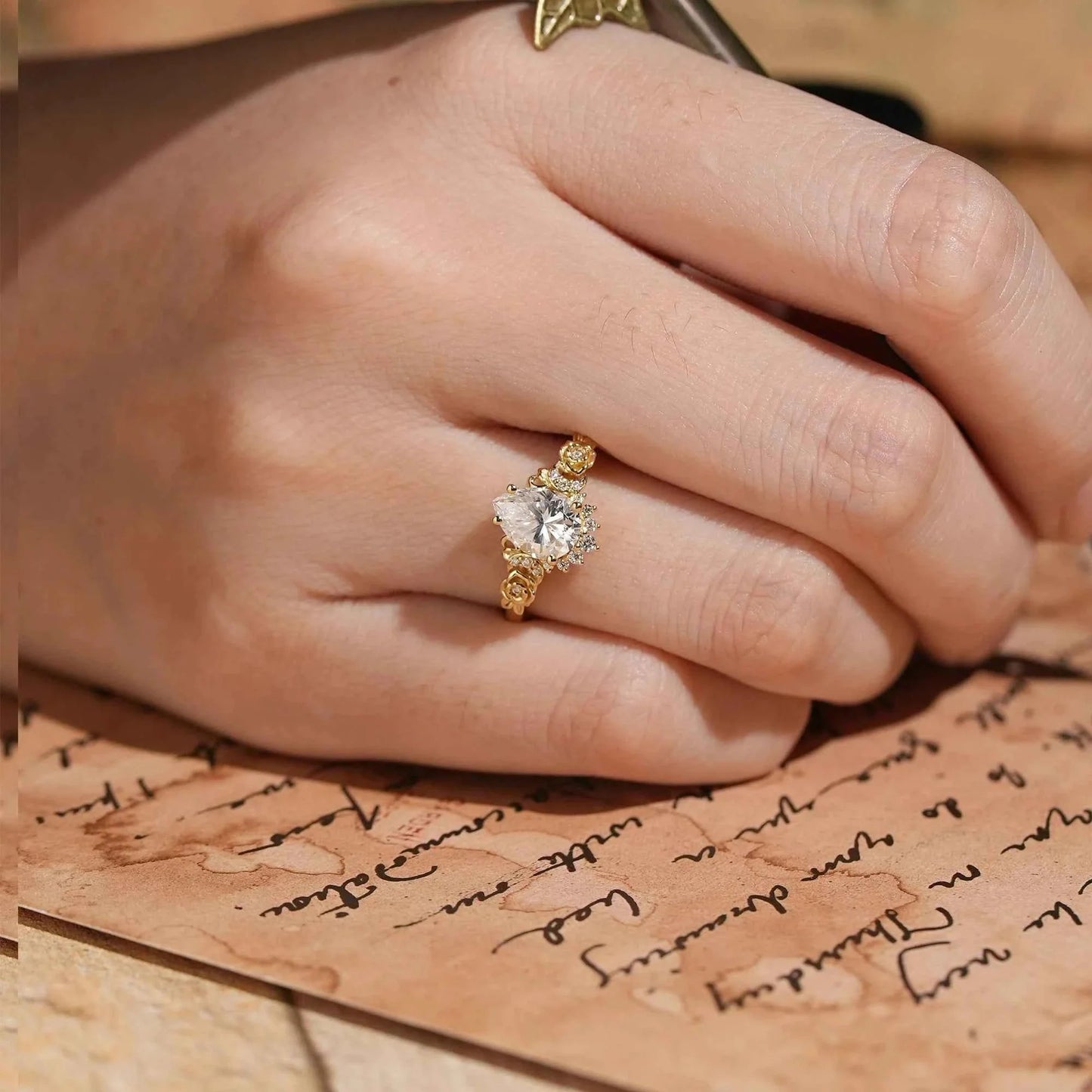 Pear-Shaped Moissanite Moon Inspired Ring Rose Blossom Engagement Ring
